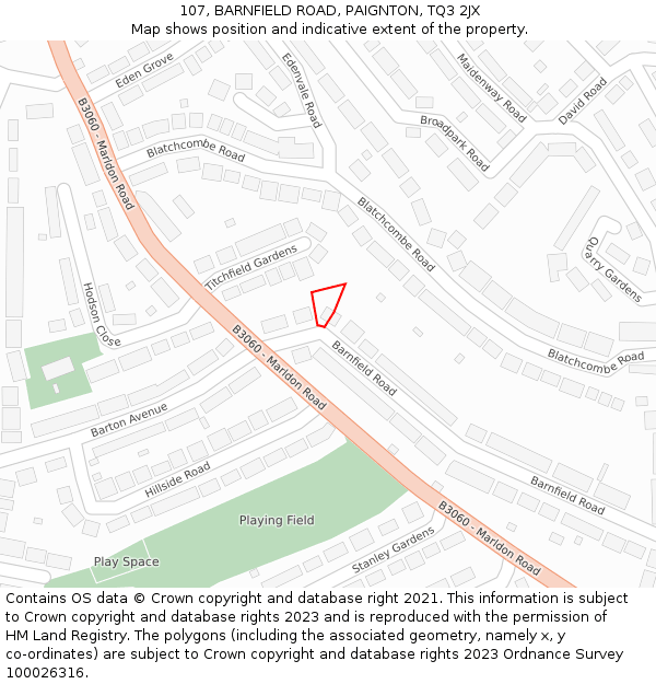 107, BARNFIELD ROAD, PAIGNTON, TQ3 2JX: Location map and indicative extent of plot