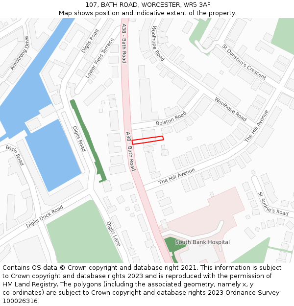107, BATH ROAD, WORCESTER, WR5 3AF: Location map and indicative extent of plot