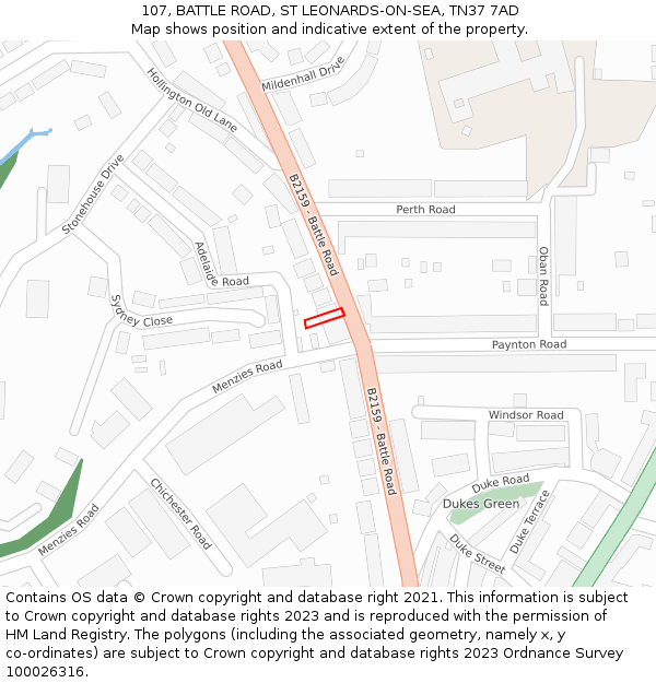 107, BATTLE ROAD, ST LEONARDS-ON-SEA, TN37 7AD: Location map and indicative extent of plot