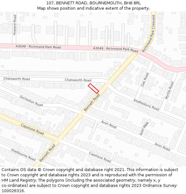 107, BENNETT ROAD, BOURNEMOUTH, BH8 8RL: Location map and indicative extent of plot