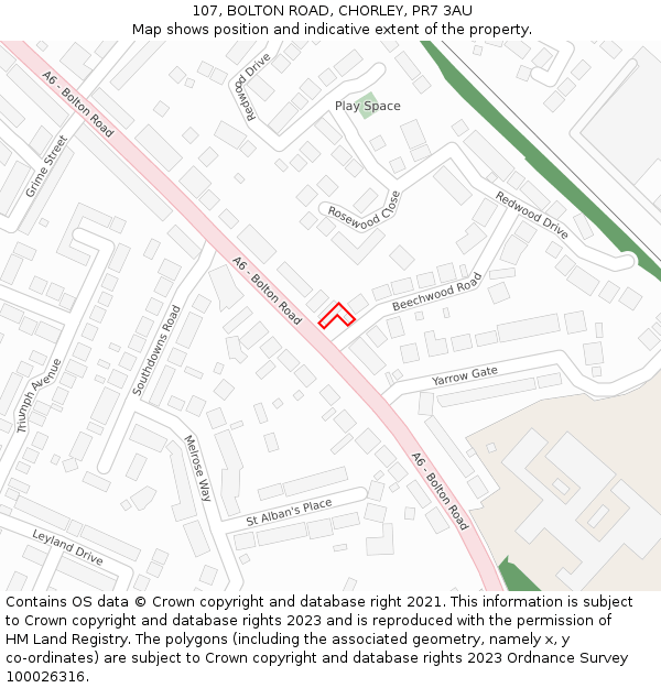 107, BOLTON ROAD, CHORLEY, PR7 3AU: Location map and indicative extent of plot
