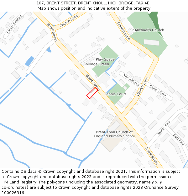 107, BRENT STREET, BRENT KNOLL, HIGHBRIDGE, TA9 4EH: Location map and indicative extent of plot