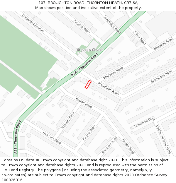 107, BROUGHTON ROAD, THORNTON HEATH, CR7 6AJ: Location map and indicative extent of plot