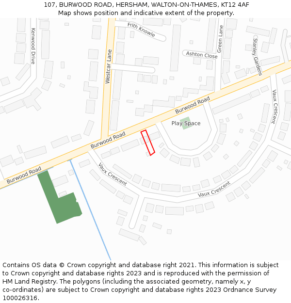 107, BURWOOD ROAD, HERSHAM, WALTON-ON-THAMES, KT12 4AF: Location map and indicative extent of plot