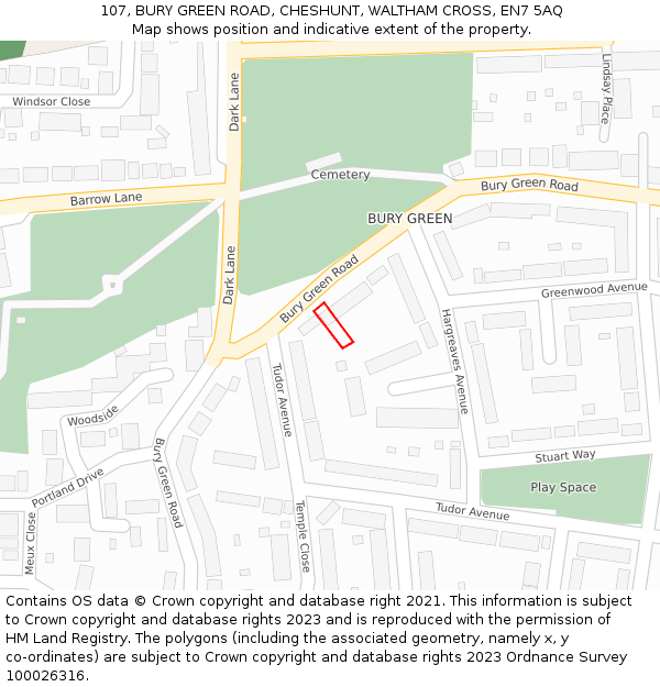 107, BURY GREEN ROAD, CHESHUNT, WALTHAM CROSS, EN7 5AQ: Location map and indicative extent of plot