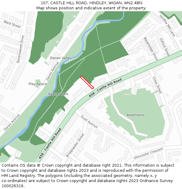 107, CASTLE HILL ROAD, HINDLEY, WIGAN, WN2 4BN: Location map and indicative extent of plot