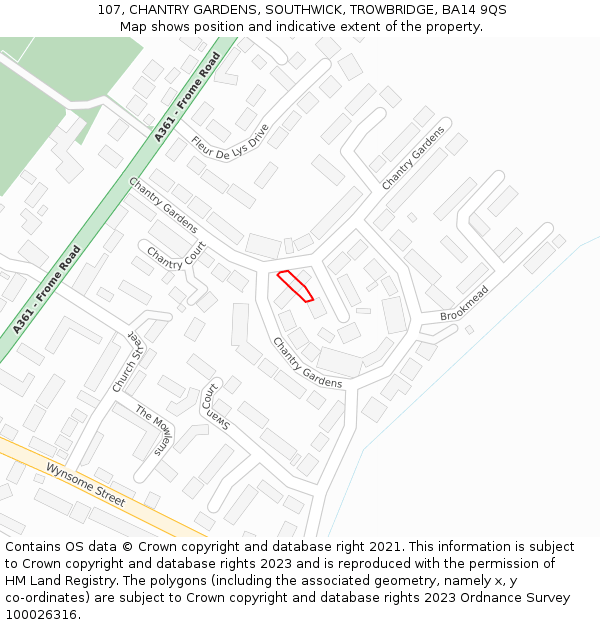 107, CHANTRY GARDENS, SOUTHWICK, TROWBRIDGE, BA14 9QS: Location map and indicative extent of plot