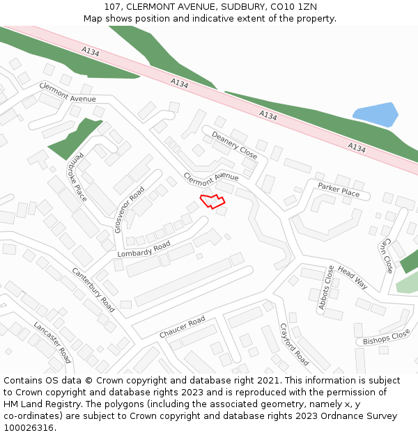 107, CLERMONT AVENUE, SUDBURY, CO10 1ZN: Location map and indicative extent of plot