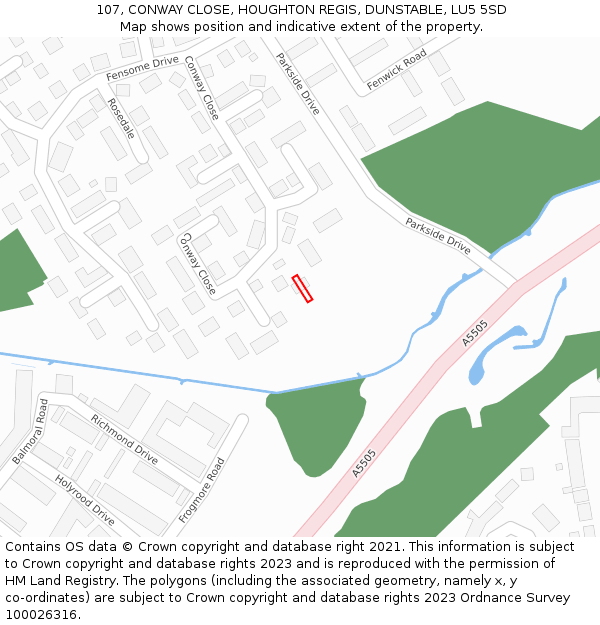 107, CONWAY CLOSE, HOUGHTON REGIS, DUNSTABLE, LU5 5SD: Location map and indicative extent of plot