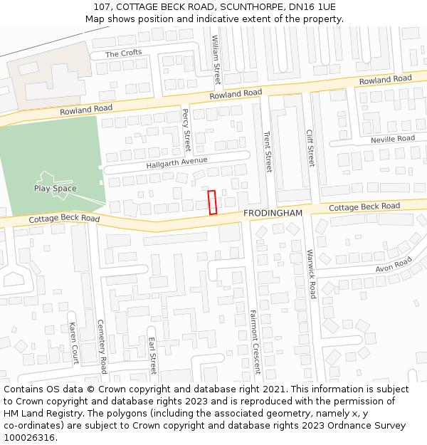 107, COTTAGE BECK ROAD, SCUNTHORPE, DN16 1UE: Location map and indicative extent of plot