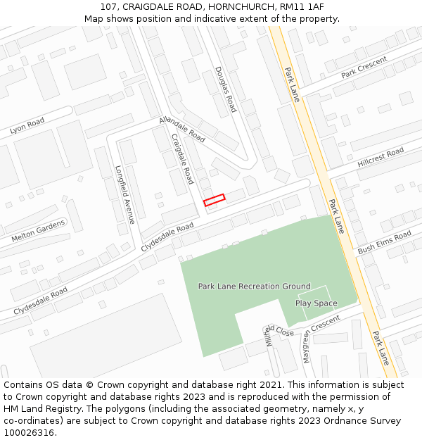 107, CRAIGDALE ROAD, HORNCHURCH, RM11 1AF: Location map and indicative extent of plot