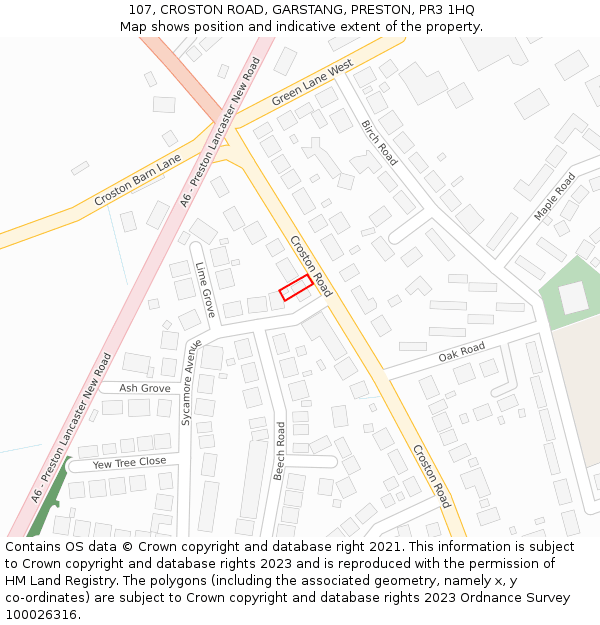 107, CROSTON ROAD, GARSTANG, PRESTON, PR3 1HQ: Location map and indicative extent of plot