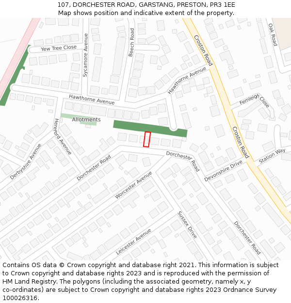 107, DORCHESTER ROAD, GARSTANG, PRESTON, PR3 1EE: Location map and indicative extent of plot