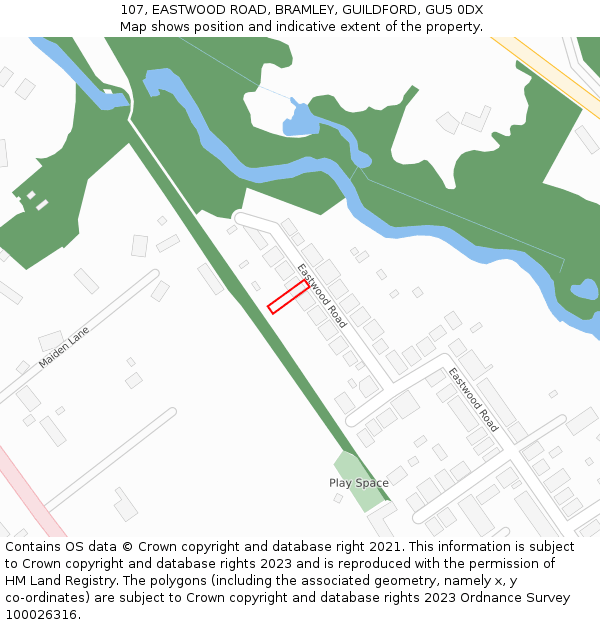 107, EASTWOOD ROAD, BRAMLEY, GUILDFORD, GU5 0DX: Location map and indicative extent of plot