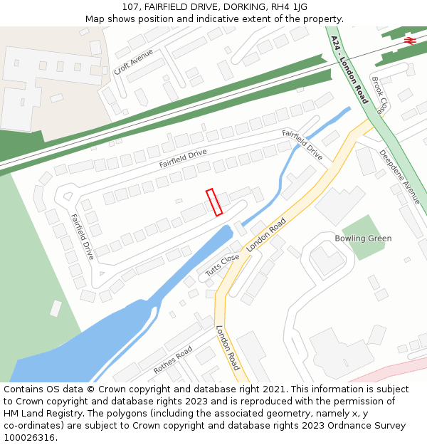 107, FAIRFIELD DRIVE, DORKING, RH4 1JG: Location map and indicative extent of plot
