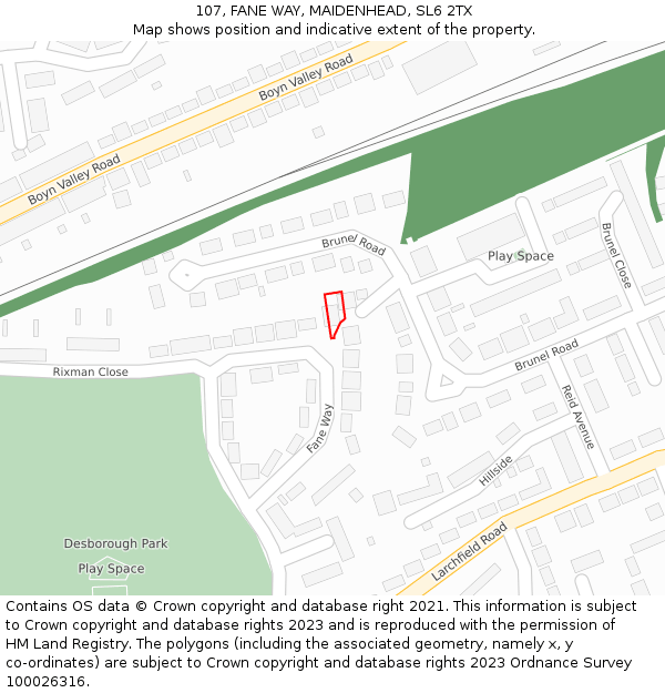 107, FANE WAY, MAIDENHEAD, SL6 2TX: Location map and indicative extent of plot