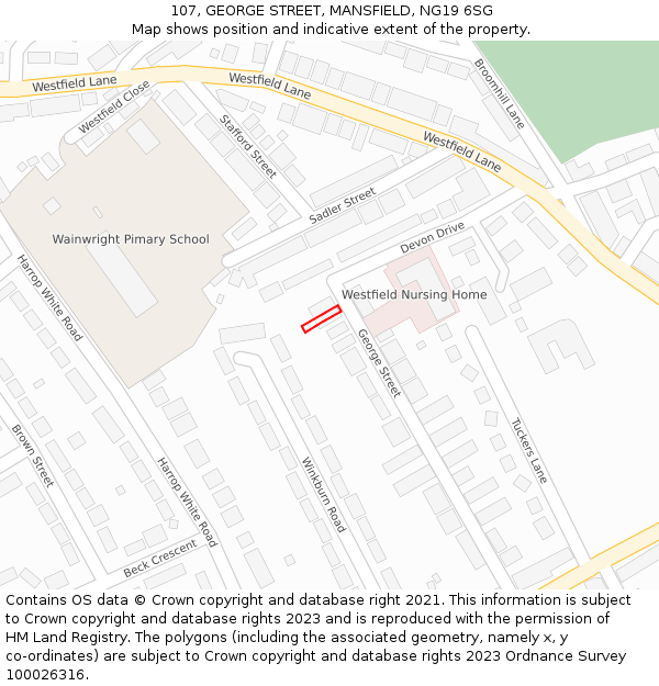 107, GEORGE STREET, MANSFIELD, NG19 6SG: Location map and indicative extent of plot