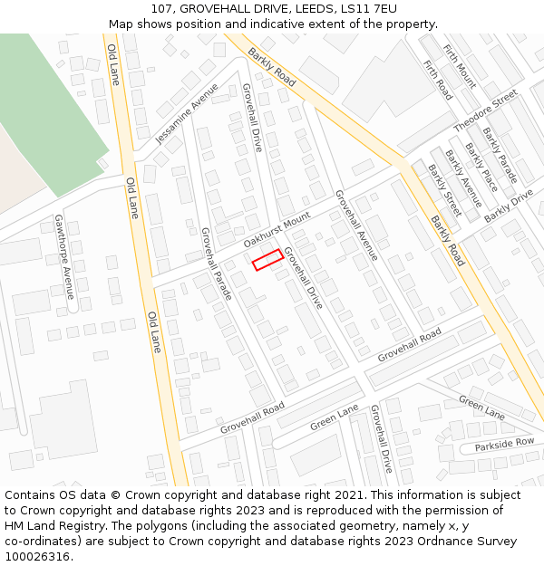 107, GROVEHALL DRIVE, LEEDS, LS11 7EU: Location map and indicative extent of plot