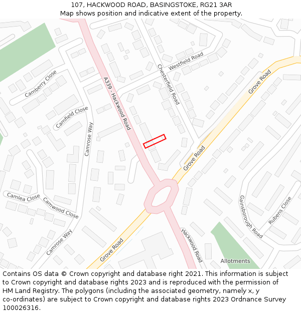 107, HACKWOOD ROAD, BASINGSTOKE, RG21 3AR: Location map and indicative extent of plot