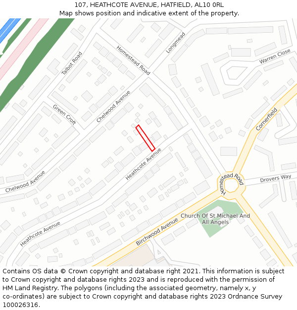 107, HEATHCOTE AVENUE, HATFIELD, AL10 0RL: Location map and indicative extent of plot