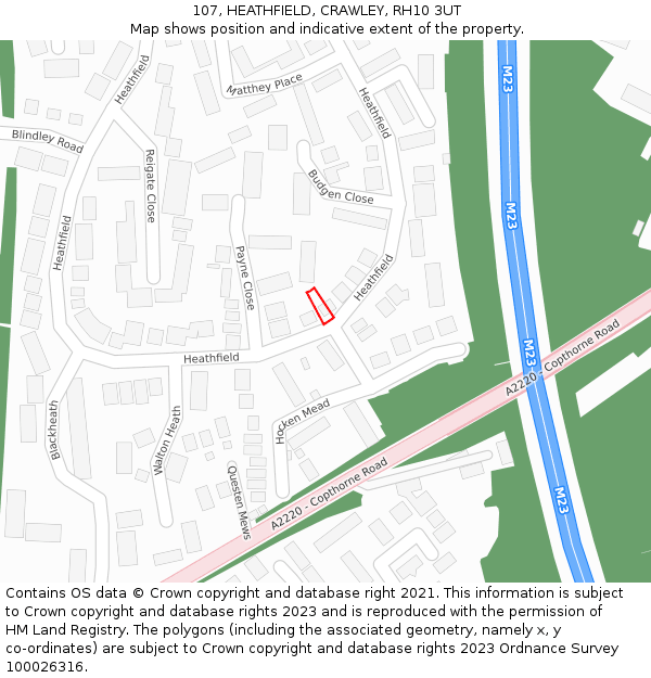 107, HEATHFIELD, CRAWLEY, RH10 3UT: Location map and indicative extent of plot