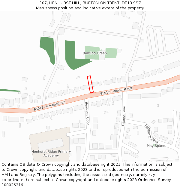 107, HENHURST HILL, BURTON-ON-TRENT, DE13 9SZ: Location map and indicative extent of plot