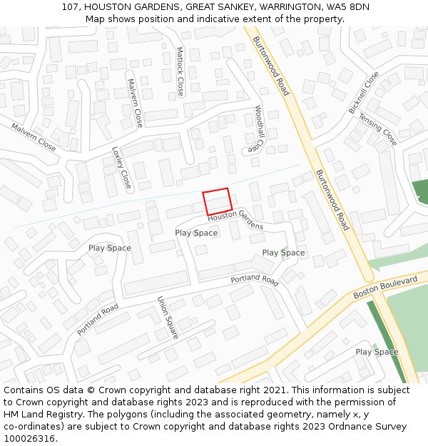 107, HOUSTON GARDENS, GREAT SANKEY, WARRINGTON, WA5 8DN: Location map and indicative extent of plot
