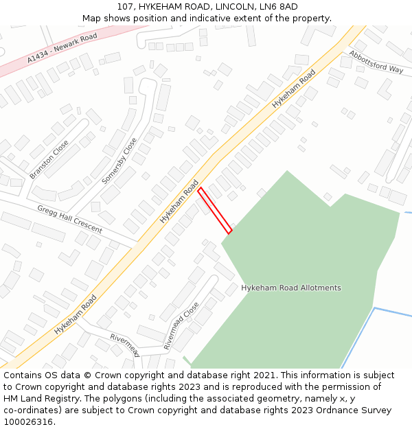 107, HYKEHAM ROAD, LINCOLN, LN6 8AD: Location map and indicative extent of plot