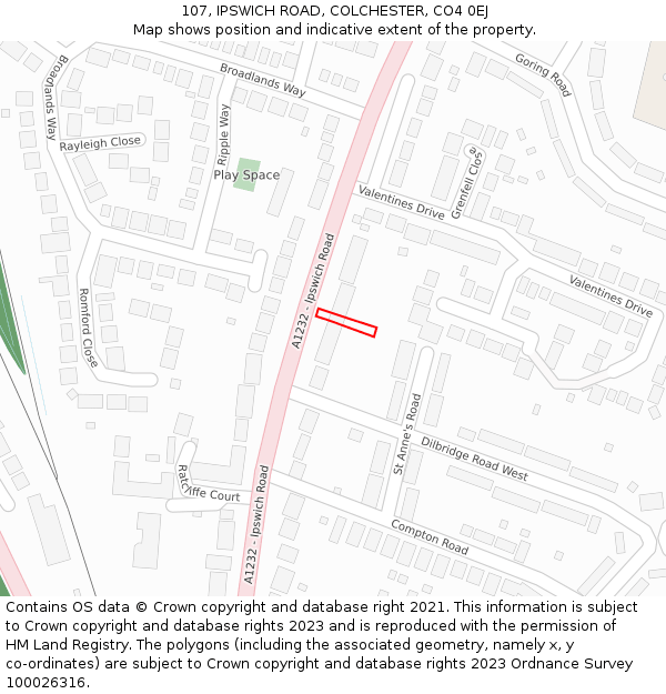 107, IPSWICH ROAD, COLCHESTER, CO4 0EJ: Location map and indicative extent of plot