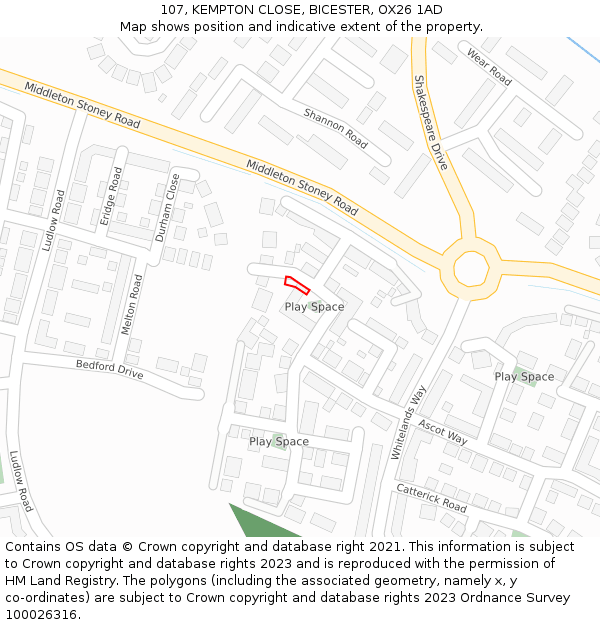 107, KEMPTON CLOSE, BICESTER, OX26 1AD: Location map and indicative extent of plot