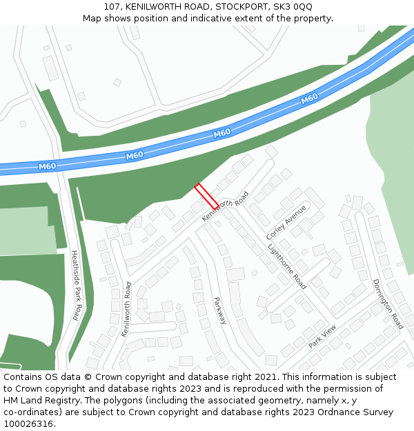 107, KENILWORTH ROAD, STOCKPORT, SK3 0QQ: Location map and indicative extent of plot