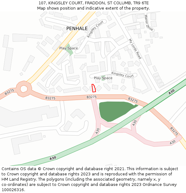 107, KINGSLEY COURT, FRADDON, ST COLUMB, TR9 6TE: Location map and indicative extent of plot