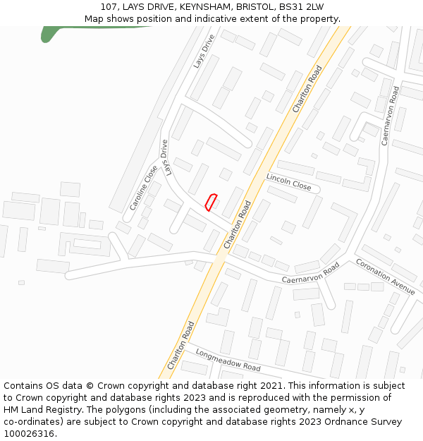 107, LAYS DRIVE, KEYNSHAM, BRISTOL, BS31 2LW: Location map and indicative extent of plot