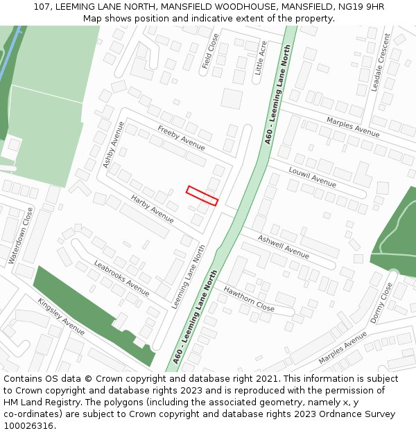 107, LEEMING LANE NORTH, MANSFIELD WOODHOUSE, MANSFIELD, NG19 9HR: Location map and indicative extent of plot