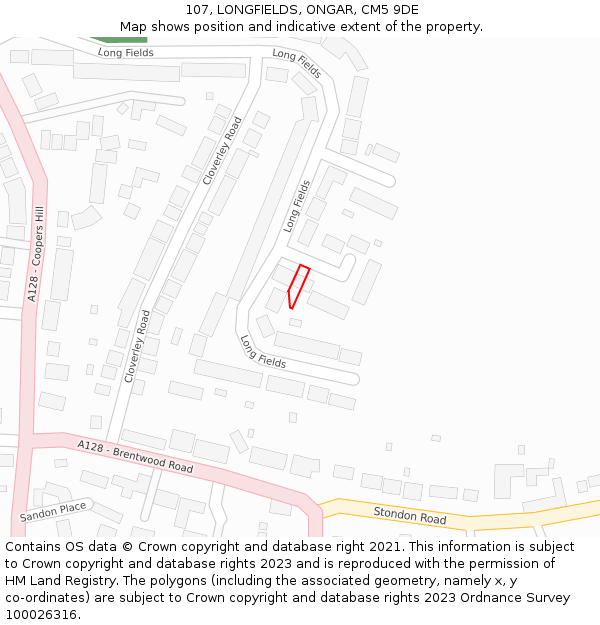 107, LONGFIELDS, ONGAR, CM5 9DE: Location map and indicative extent of plot