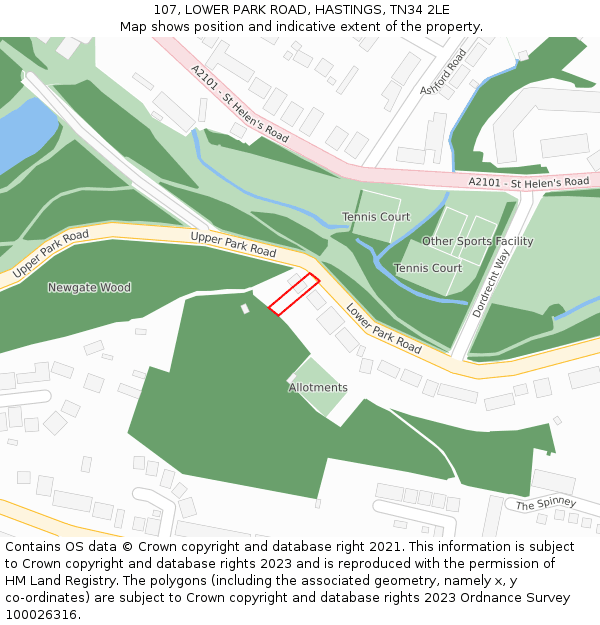107, LOWER PARK ROAD, HASTINGS, TN34 2LE: Location map and indicative extent of plot
