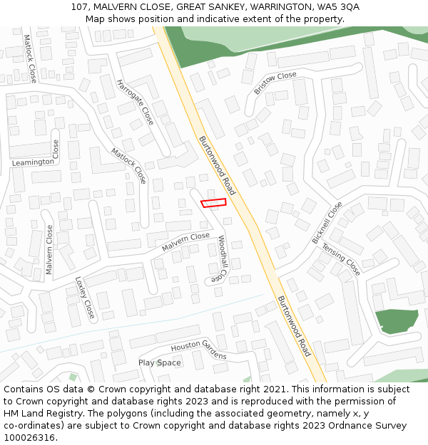 107, MALVERN CLOSE, GREAT SANKEY, WARRINGTON, WA5 3QA: Location map and indicative extent of plot