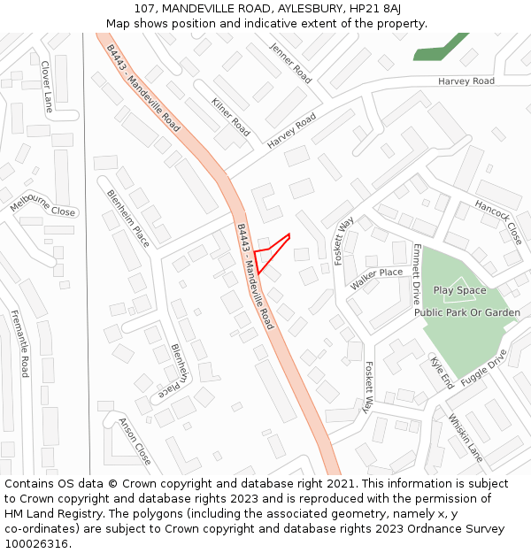 107, MANDEVILLE ROAD, AYLESBURY, HP21 8AJ: Location map and indicative extent of plot