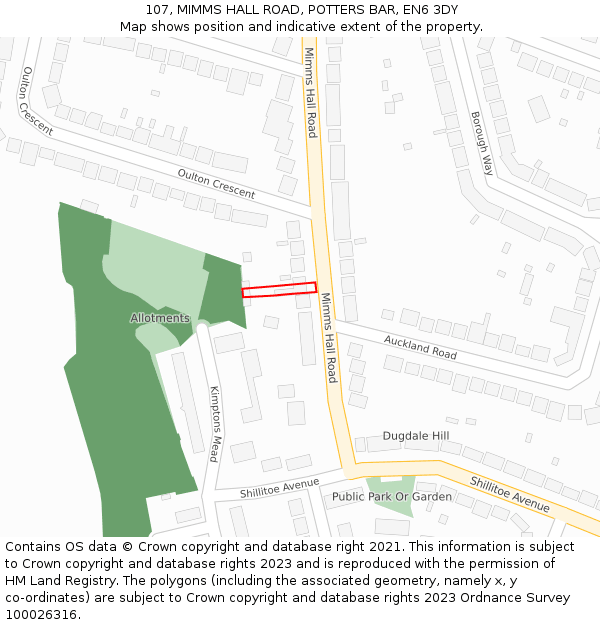 107, MIMMS HALL ROAD, POTTERS BAR, EN6 3DY: Location map and indicative extent of plot