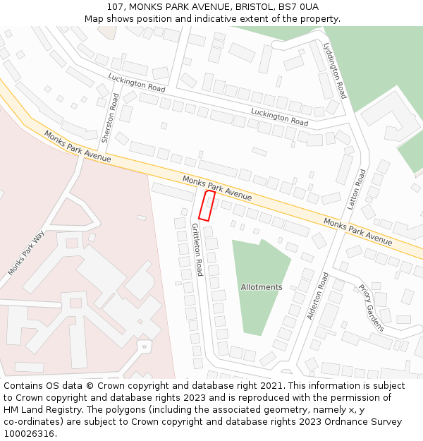 107, MONKS PARK AVENUE, BRISTOL, BS7 0UA: Location map and indicative extent of plot