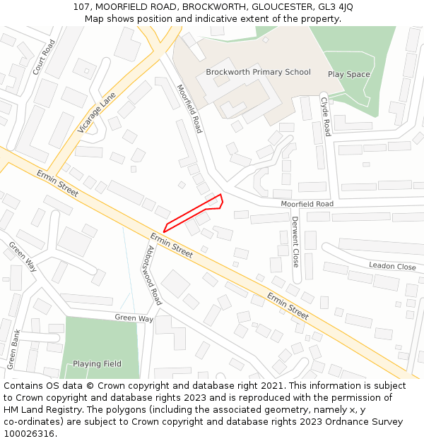 107, MOORFIELD ROAD, BROCKWORTH, GLOUCESTER, GL3 4JQ: Location map and indicative extent of plot