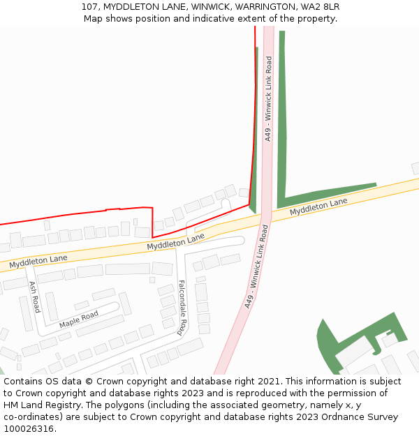 107, MYDDLETON LANE, WINWICK, WARRINGTON, WA2 8LR: Location map and indicative extent of plot