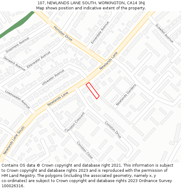 107, NEWLANDS LANE SOUTH, WORKINGTON, CA14 3NJ: Location map and indicative extent of plot