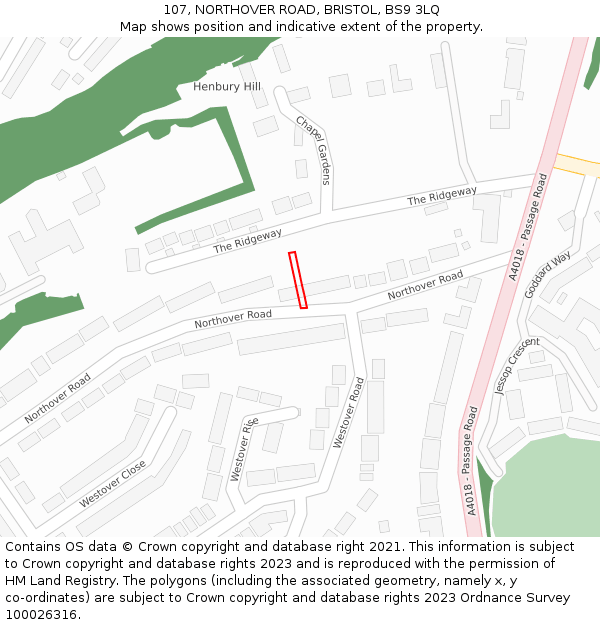 107, NORTHOVER ROAD, BRISTOL, BS9 3LQ: Location map and indicative extent of plot