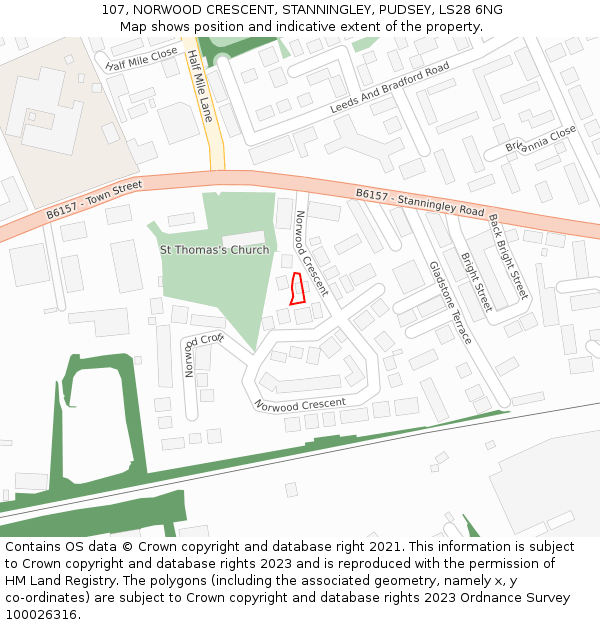 107, NORWOOD CRESCENT, STANNINGLEY, PUDSEY, LS28 6NG: Location map and indicative extent of plot