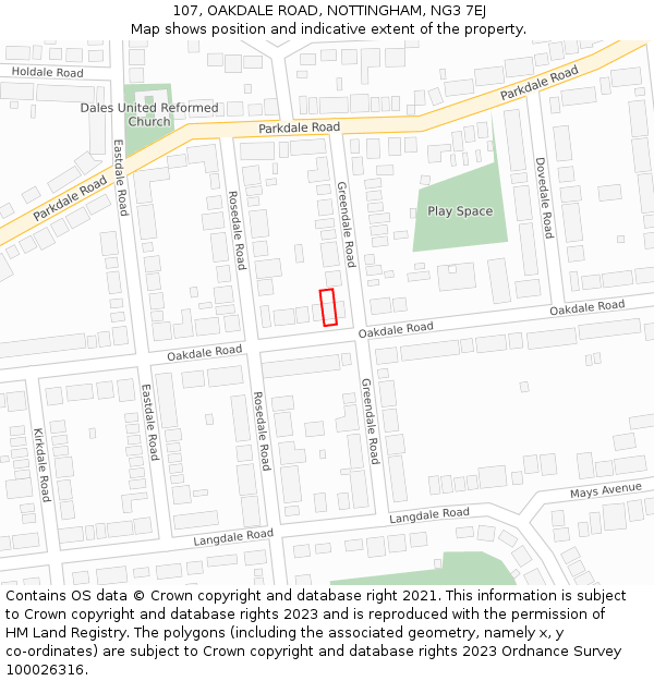 107, OAKDALE ROAD, NOTTINGHAM, NG3 7EJ: Location map and indicative extent of plot
