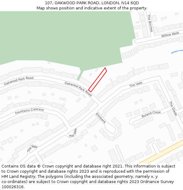 107, OAKWOOD PARK ROAD, LONDON, N14 6QD: Location map and indicative extent of plot