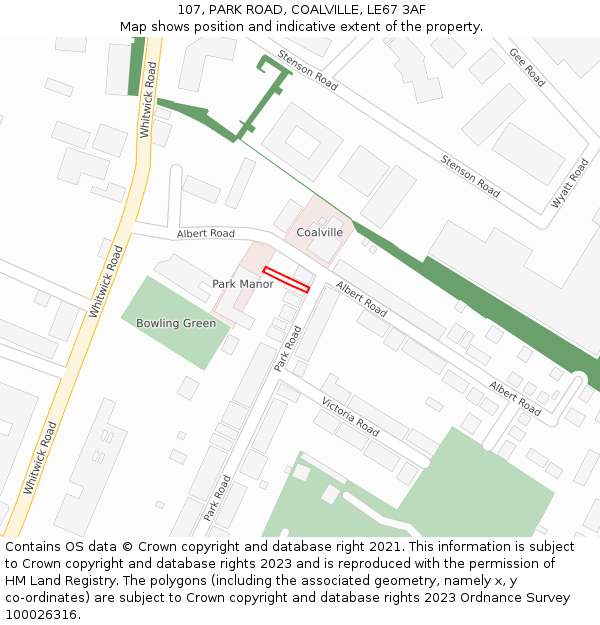 107, PARK ROAD, COALVILLE, LE67 3AF: Location map and indicative extent of plot
