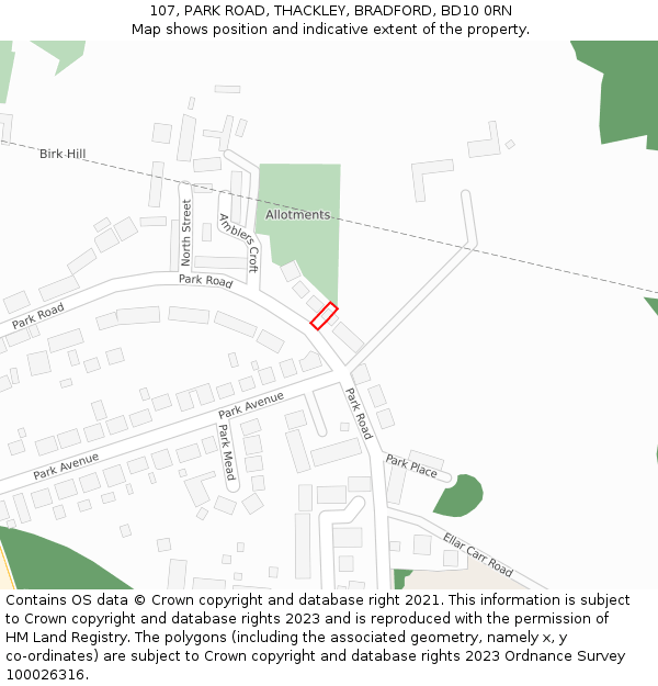 107, PARK ROAD, THACKLEY, BRADFORD, BD10 0RN: Location map and indicative extent of plot