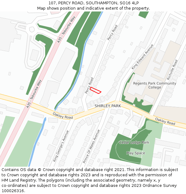 107, PERCY ROAD, SOUTHAMPTON, SO16 4LP: Location map and indicative extent of plot